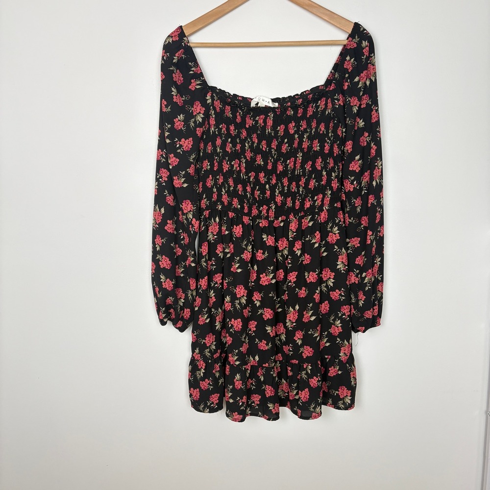 Row A Women Black Floral Smocked Tiered Babydoll Mini Dress Size M Festival Boho